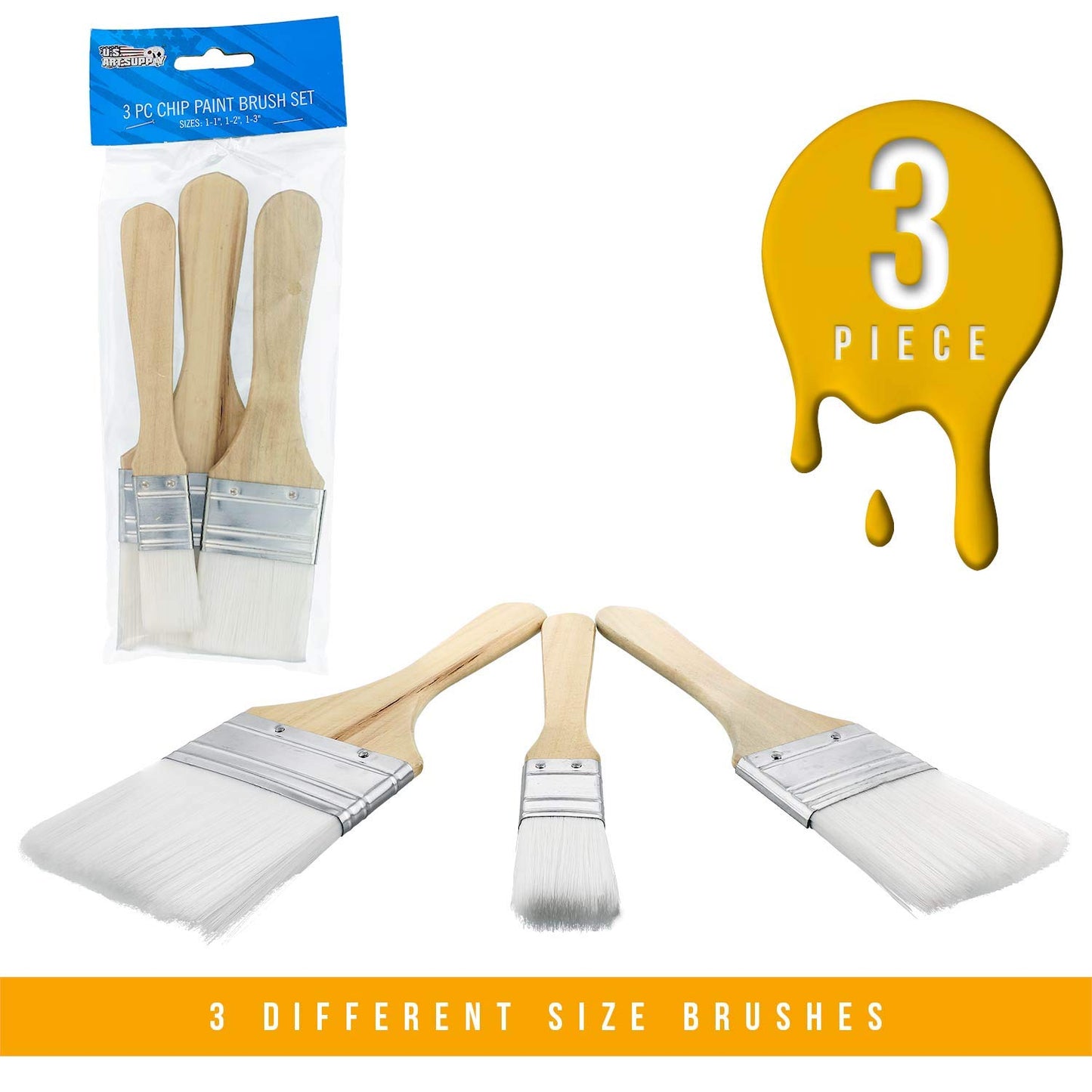 U.S. Art Supply 3 Pack of Variety Size Synthetic Bristle Paint, Chip and Utility Paint Brushes for Paint, Stains, Varnishes, Glues, and Gesso