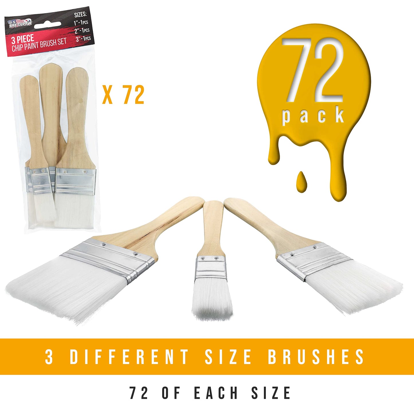 U.S. Art Supply 3 Pack of Variety Size Synthetic Bristle Paint, Chip and Utility Paint Brushes for Paint, Stains, Varnishes, Glues, and Gesso