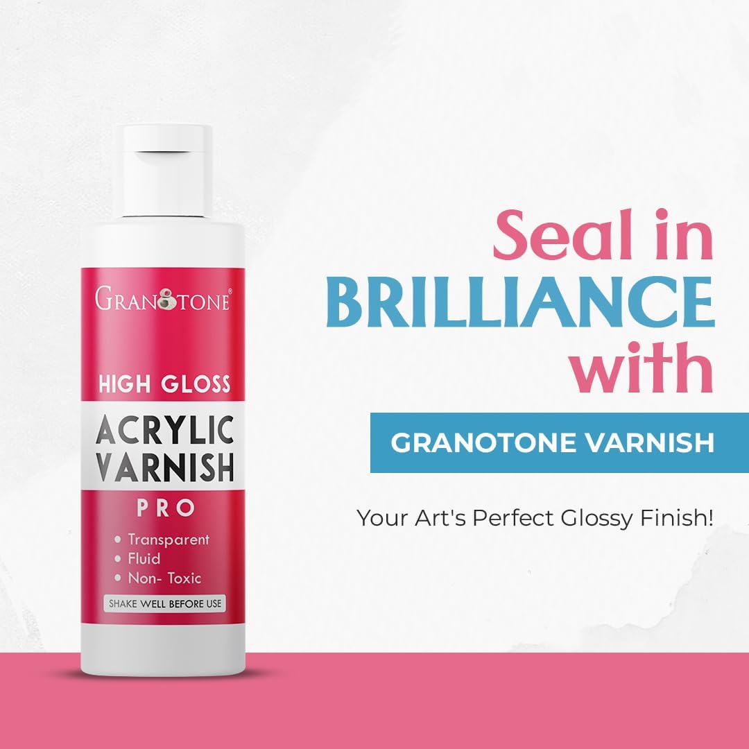 GRANOTONE Acrylic Artist's Varnish | Non-Yellowing | Non-Toxic | Anti-Crazing | High Gloss Finish | Suitable for Pro Artists, Hobby Painters & Kids | Made in India | 200 ML