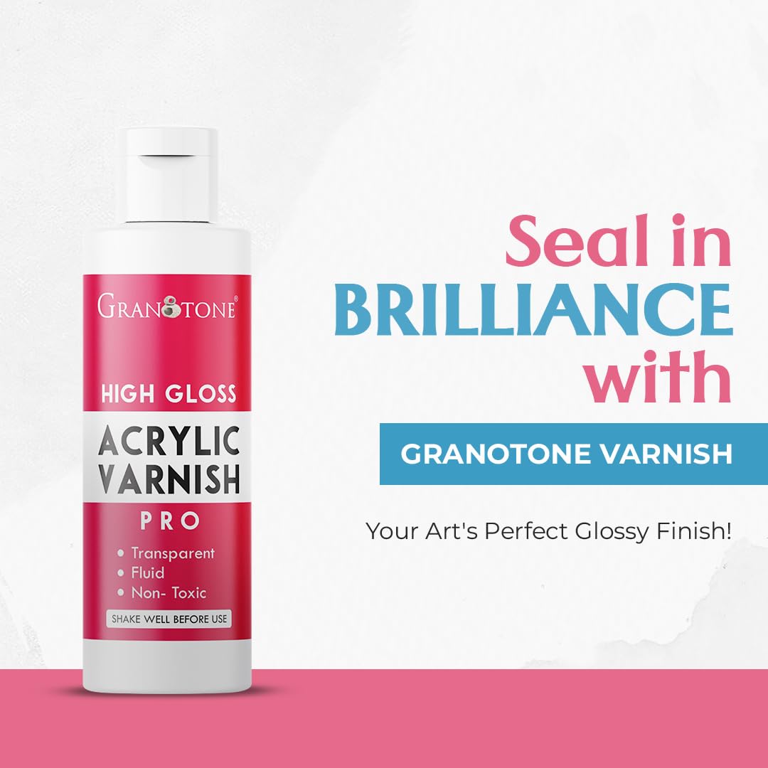 GRANOTONE Acrylic Artist's Varnish | Non-Yellowing | Non-Toxic | Anti-Crazing | High Gloss Finish | Suitable for Pro Artists, Hobby Painters & Kids | Made in India | 200 ML