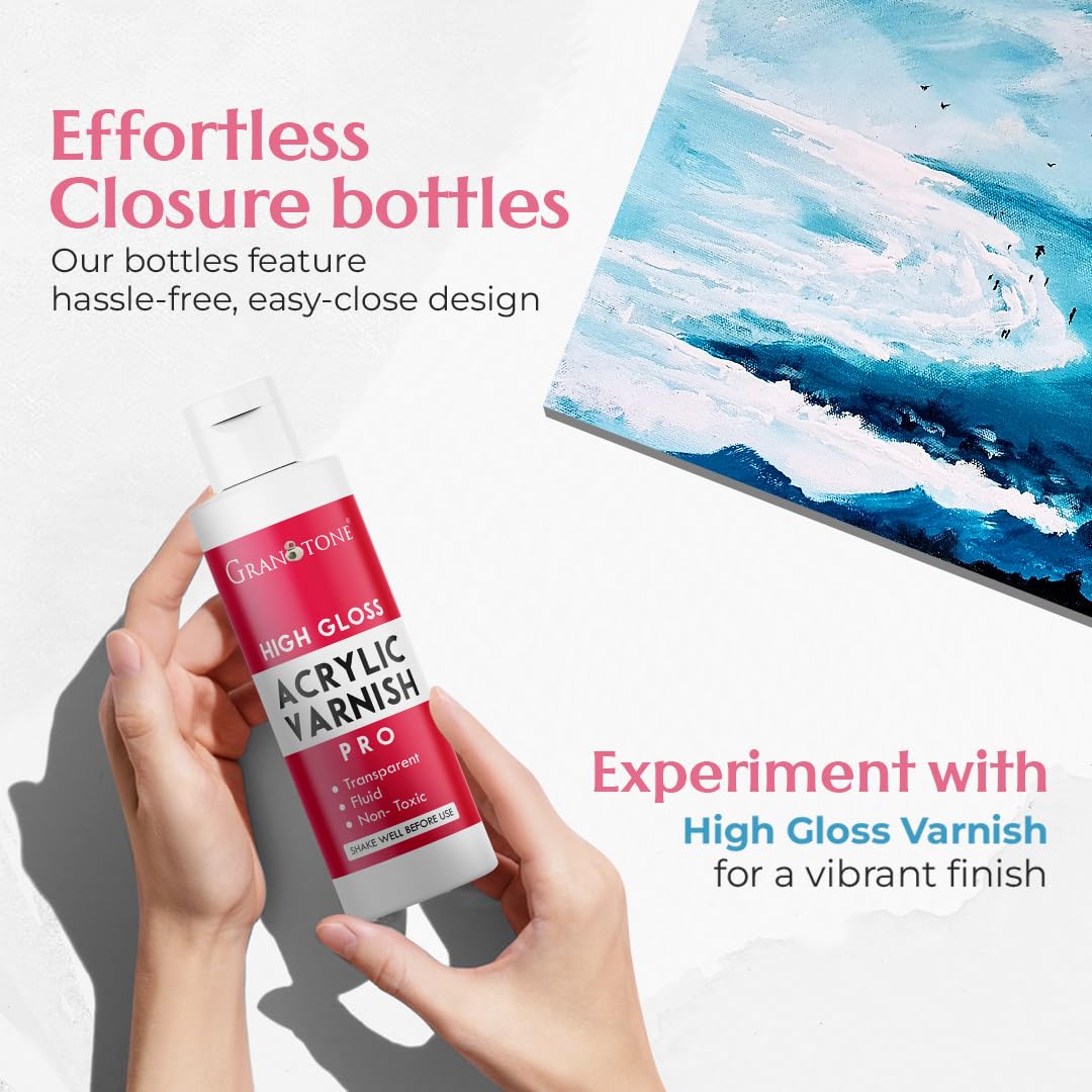 GRANOTONE Acrylic Artist's Varnish | Non-Yellowing | Non-Toxic | Anti-Crazing | High Gloss Finish | Suitable for Pro Artists, Hobby Painters & Kids | Made in India | 200 ML