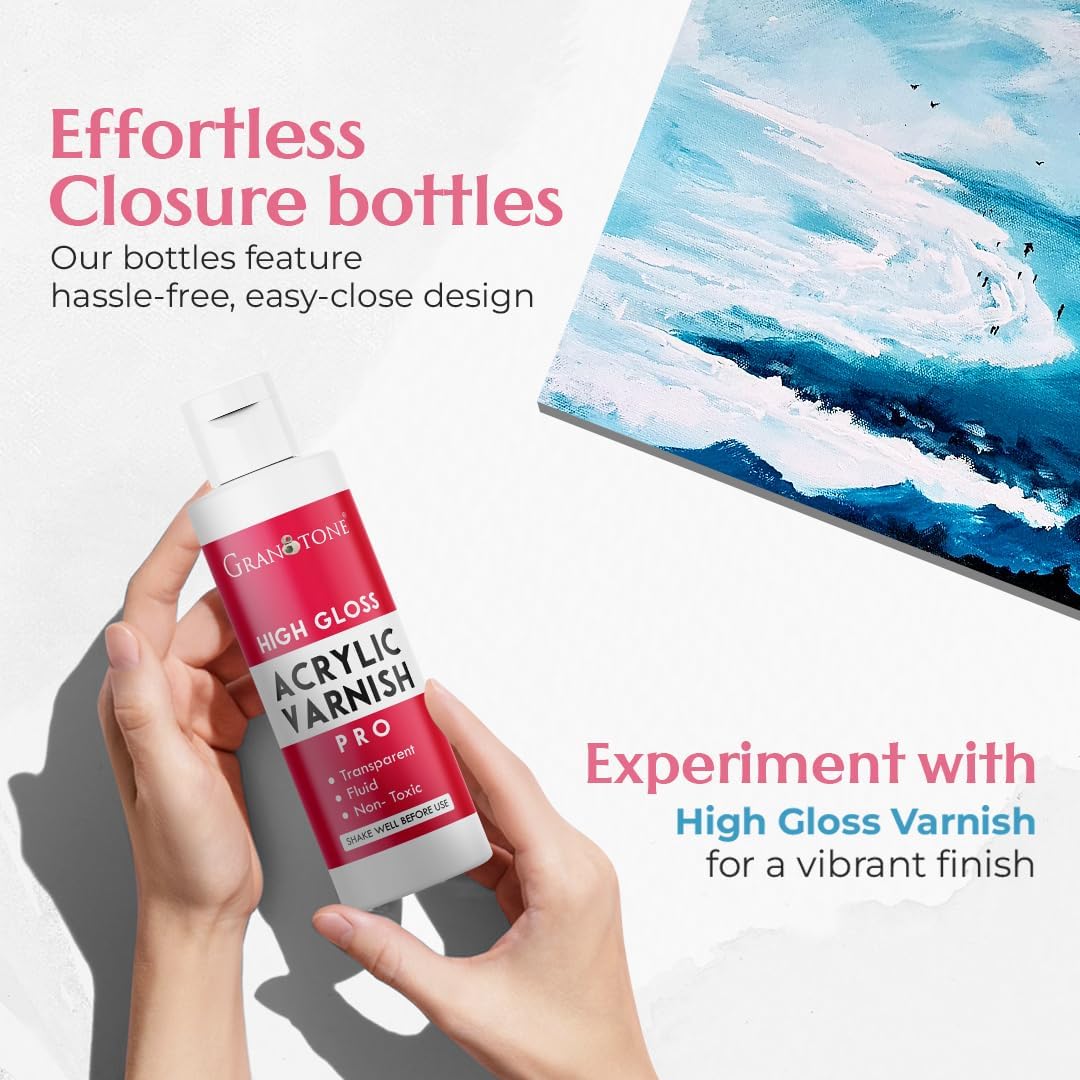 GRANOTONE Acrylic Artist's Varnish | Non-Yellowing | Non-Toxic | Anti-Crazing | High Gloss Finish | Suitable for Pro Artists, Hobby Painters & Kids | Made in India | 200 ML