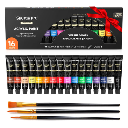 Shuttle Art Acrylic Paint Set, 16 x12ml Tubes Artist Quality Non Toxic Rich Pigments Colors Great for Kids Adults Professional Painting on Canvas Wood Clay Fabric Ceramic Crafts