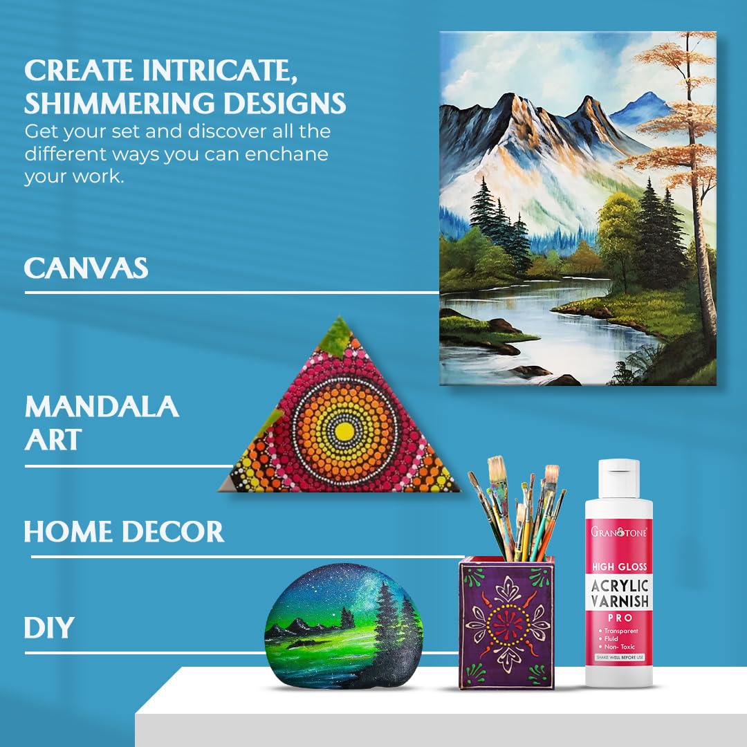 GRANOTONE Acrylic Artist's Varnish | Non-Yellowing | Non-Toxic | Anti-Crazing | High Gloss Finish | Suitable for Pro Artists, Hobby Painters & Kids | Made in India | 200 ML