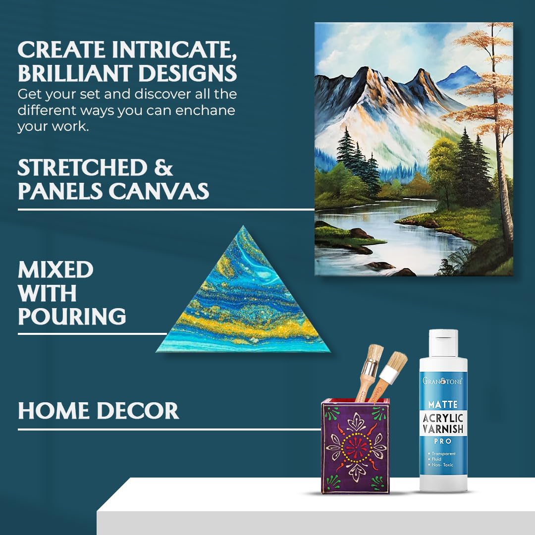 GRANOTONE Acrylic Artist's Varnish | Non-Yellowing | Non-Toxic | Anti-Crazing | High Gloss Finish | Suitable for Pro Artists, Hobby Painters & Kids | Made in India | 200 ML