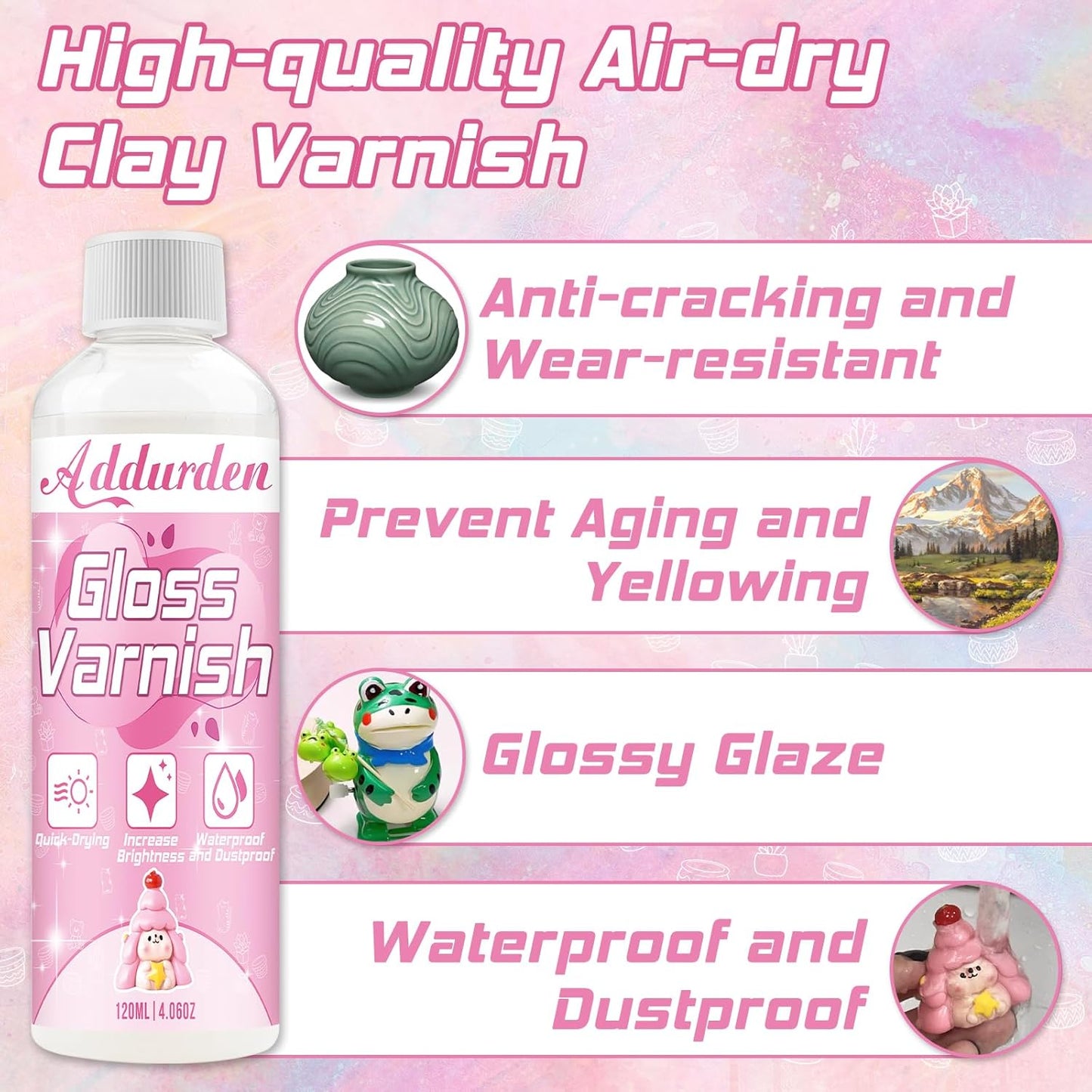 Air Dry Clay Varnish with 2 Brushes, 120 ml Acrylic Varnish, Air Dry Clay Sealant to Prevent Crack and Yellow, Waterproof Clay Glaze for Clay, Ceramic, Plaster, Wood, Glossy Glaze Finish