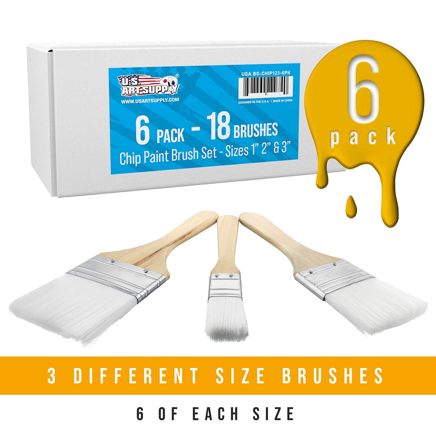 U.S. Art Supply 3 Pack of Variety Size Synthetic Bristle Paint, Chip and Utility Paint Brushes for Paint, Stains, Varnishes, Glues, and Gesso